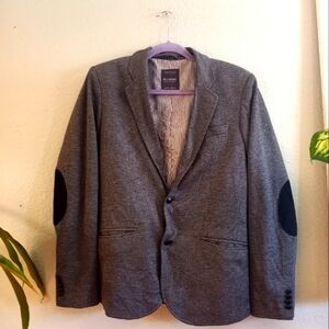 Pull & Bear Preppy Academia Classic Grey Blazer Black Elbow Patches Wood Buttons